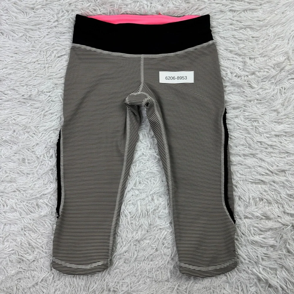 Lululemon Pants Womens 4 Black & White Striped Cropped Leggings Zip Pocket 16